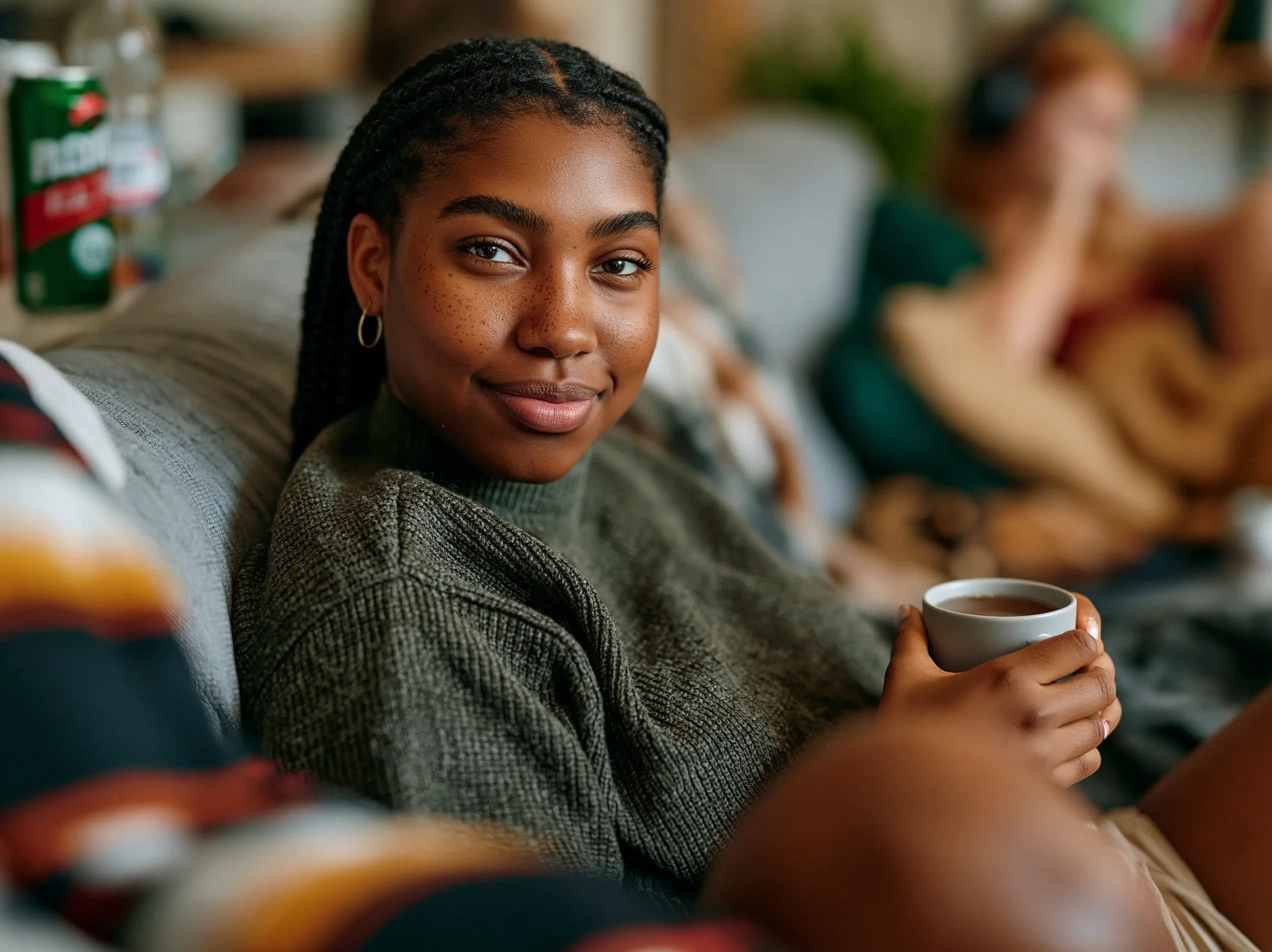 A woman relaxing at home with a warm drink