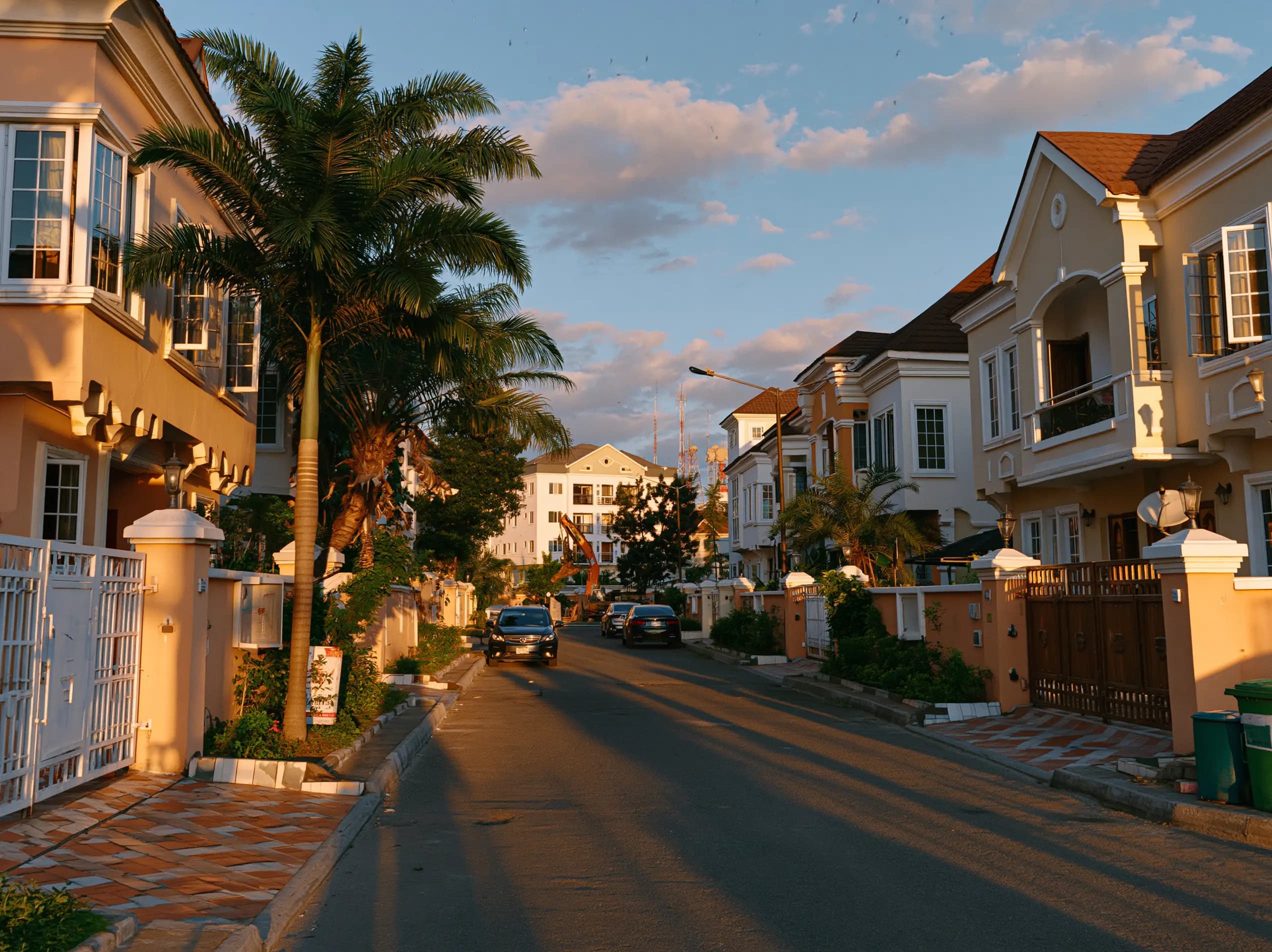 A residential street in Lagos at golden hour